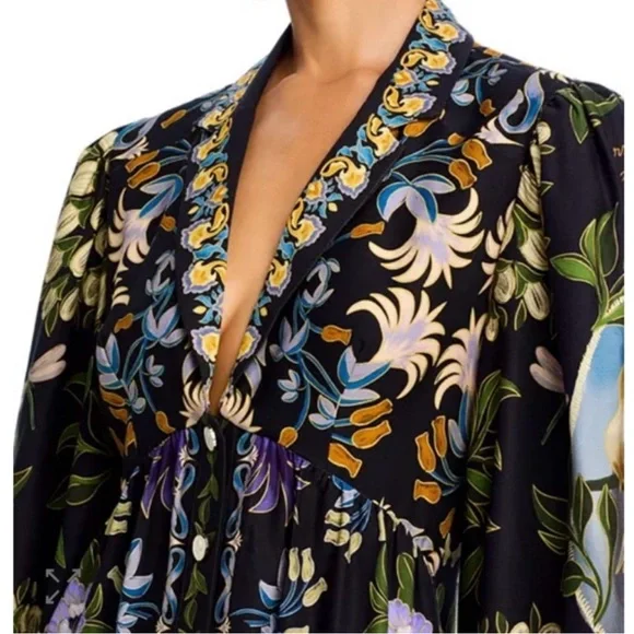 NEW FARM Rio Black Winter Garden Mini Dress Floral Birds Dragonfly Size M - Picture 4 of 7